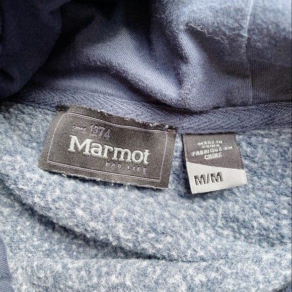 Marmot Pullover Hoodie Navy Heather Fleece Lined Graphic Print Men’s Size Medium - Picture 5 of 8